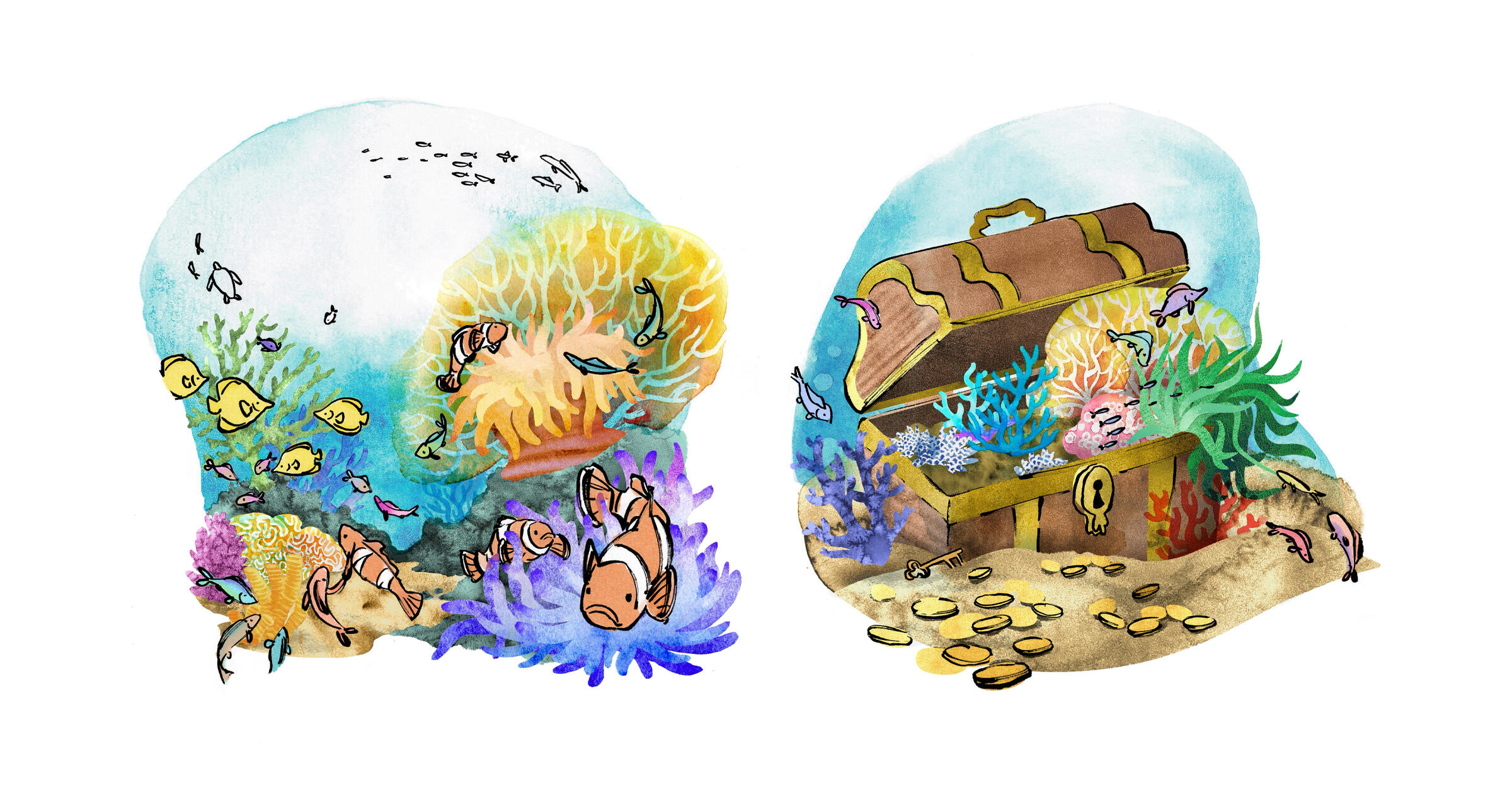 Community & Conservation, Conceptual Illustrations for a Diving Organization, 2024, ink, watercolour textures, digital collage