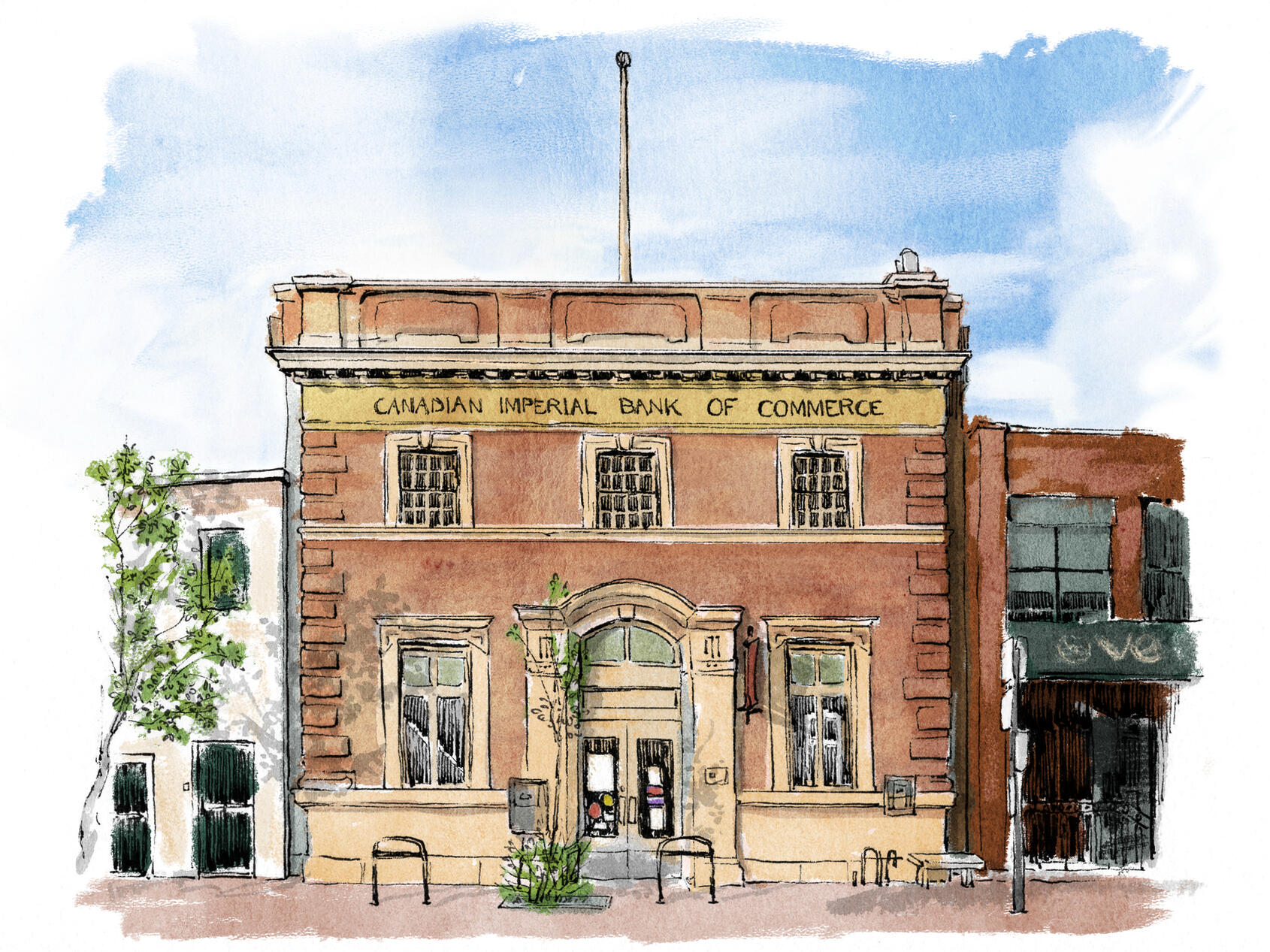 CIBC Inglewood, 2024, ink, watercolour texture, digital colour