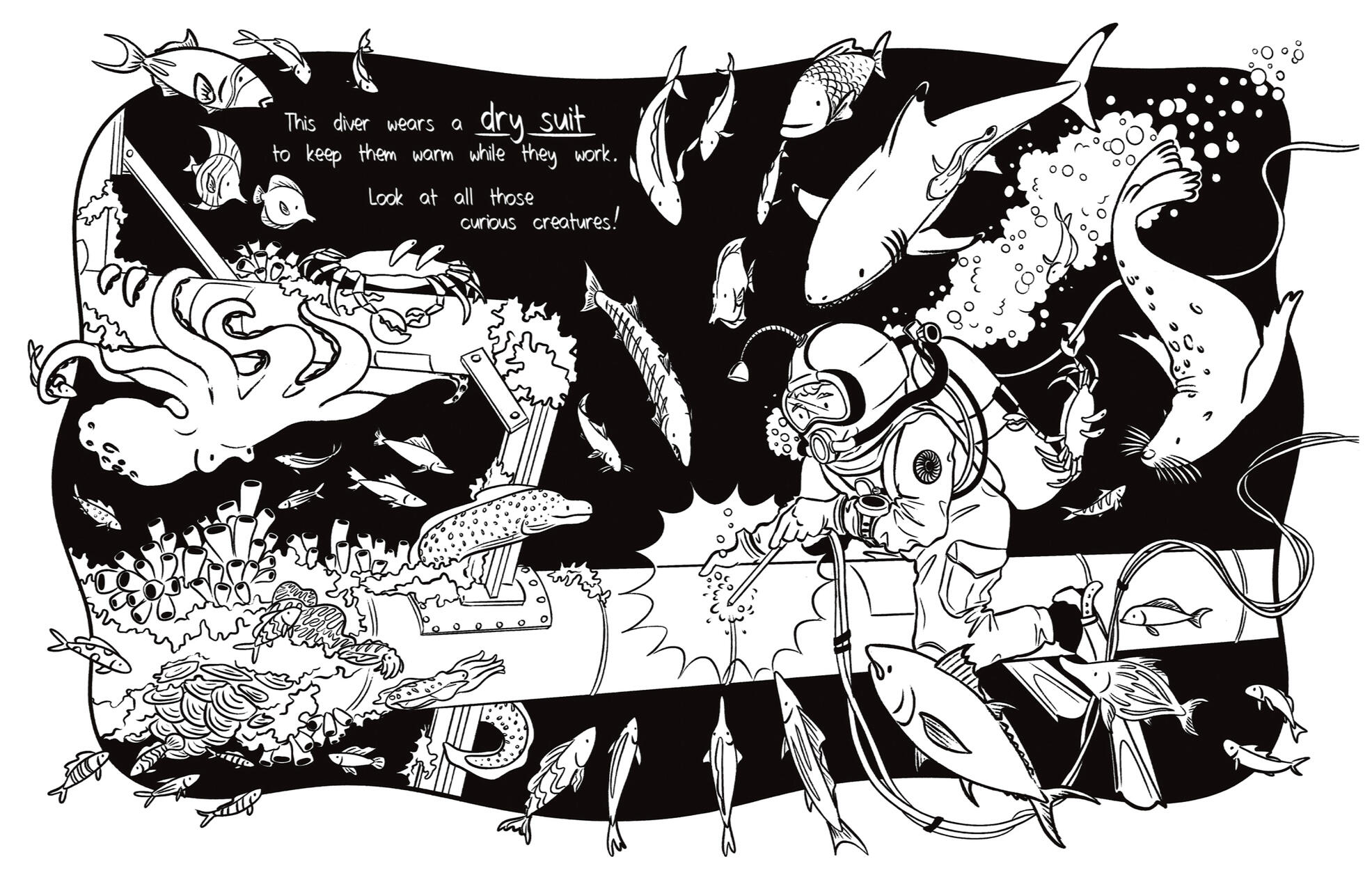 Underwater Welder colouring page, 2023, digital